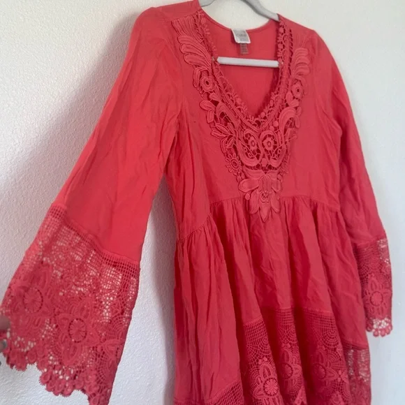Cupio Red Salmon Crochet Tunic Blouse Lace Bell Sleeve Boho S - Picture 2 of 9